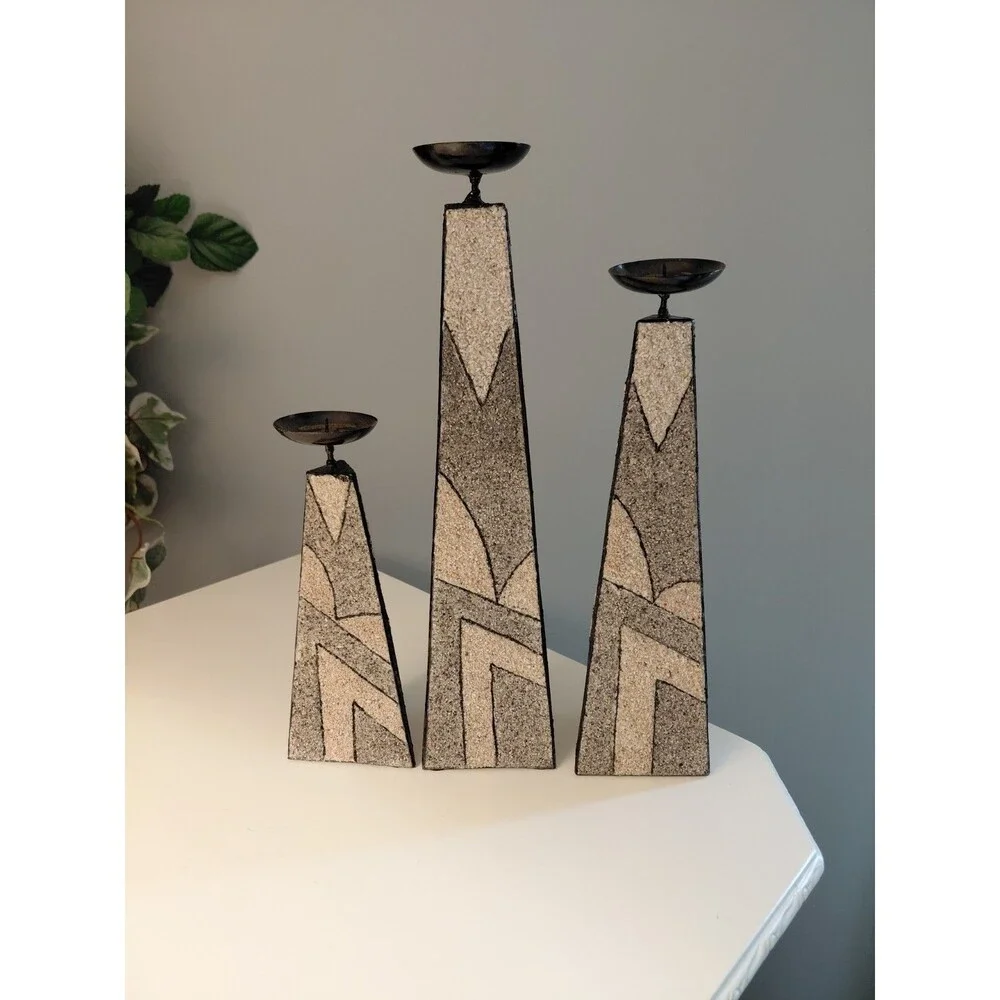 Art Deco Trio Candle Holders Pyramid Shape Pebbled